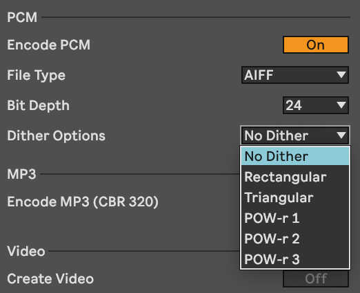 Dithering settings in Ableton Live.